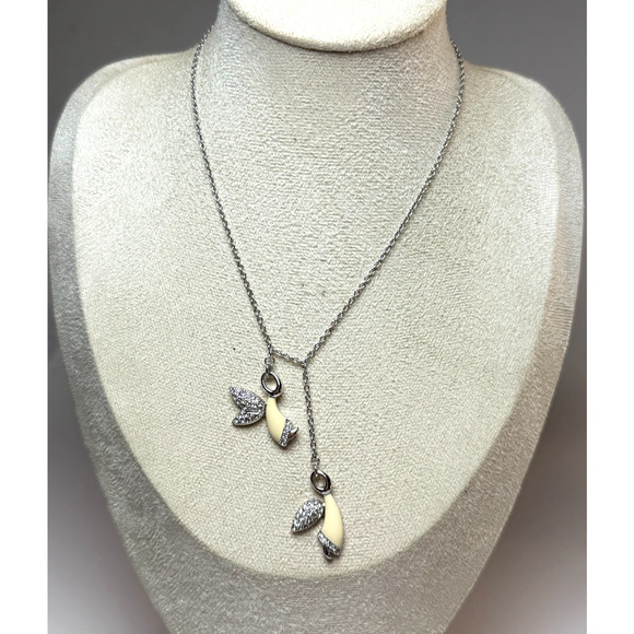 Swarovski Ivory Enamel Ice Crystal Double Angel 17" Necklace New in Box Silver - Picture 4 of 5